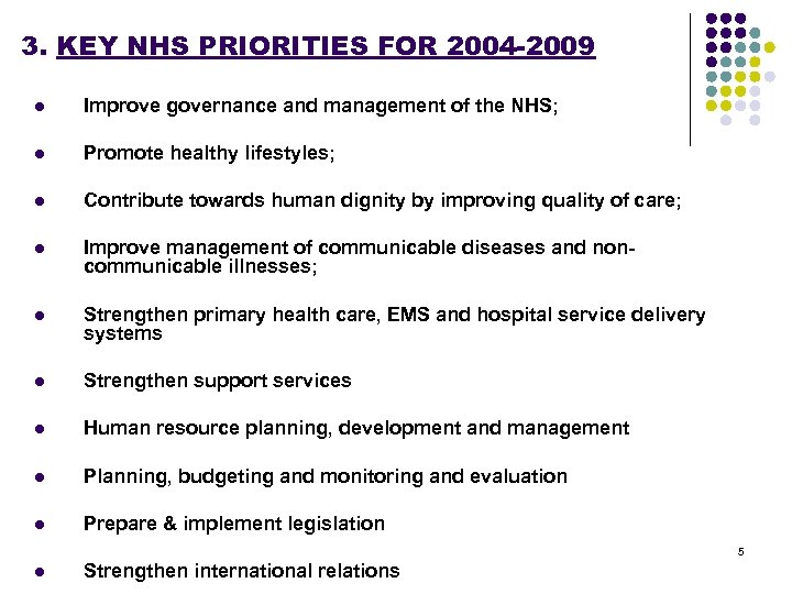 3. KEY NHS PRIORITIES FOR 2004 -2009 l Improve governance and management of the