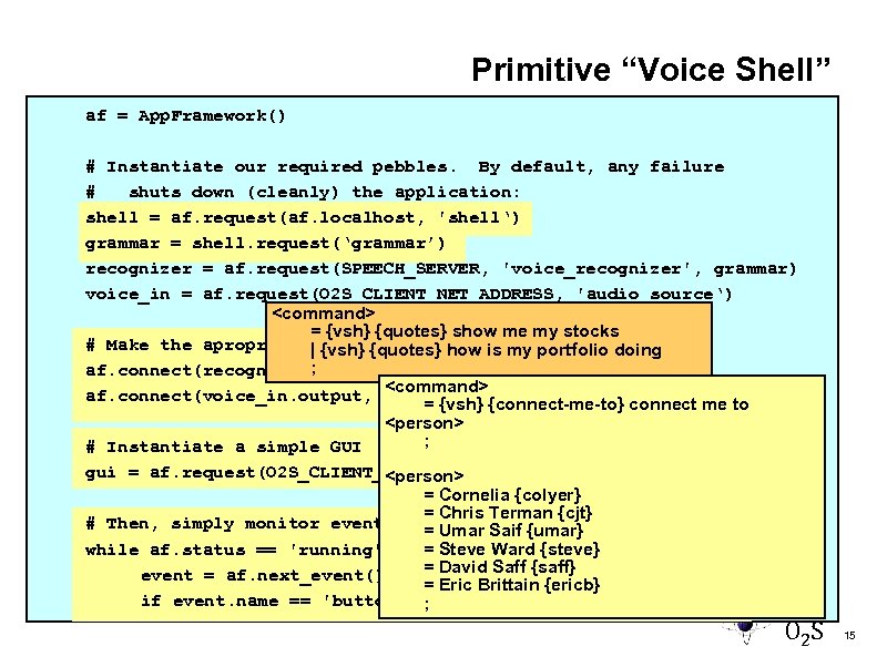 Primitive “Voice Shell” af = App. Framework() # Instantiate our required pebbles. By default,