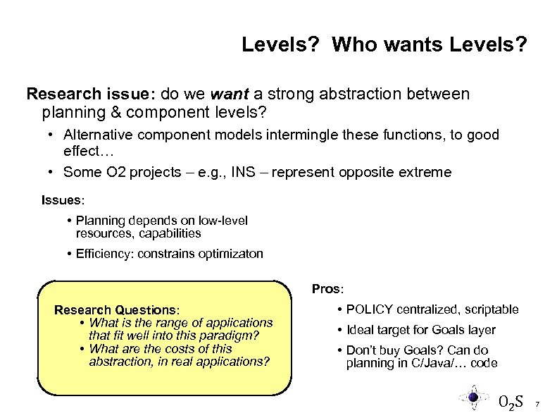 Levels? Who wants Levels? Research issue: do we want a strong abstraction between planning