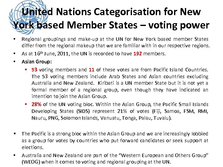 United Nations Categorisation for New York based Member States – voting power • •