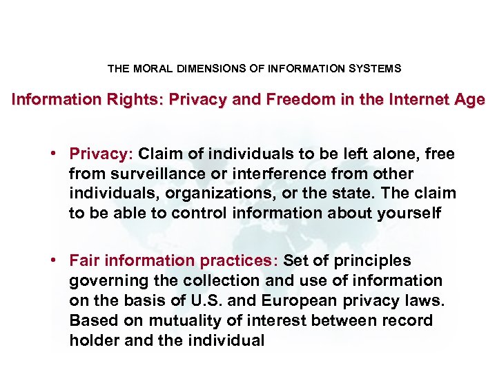 THE MORAL DIMENSIONS OF INFORMATION SYSTEMS Information Rights: Privacy and Freedom in the Internet