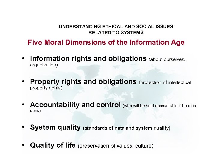 UNDERSTANDING ETHICAL AND SOCIAL ISSUES RELATED TO SYSTEMS Five Moral Dimensions of the Information