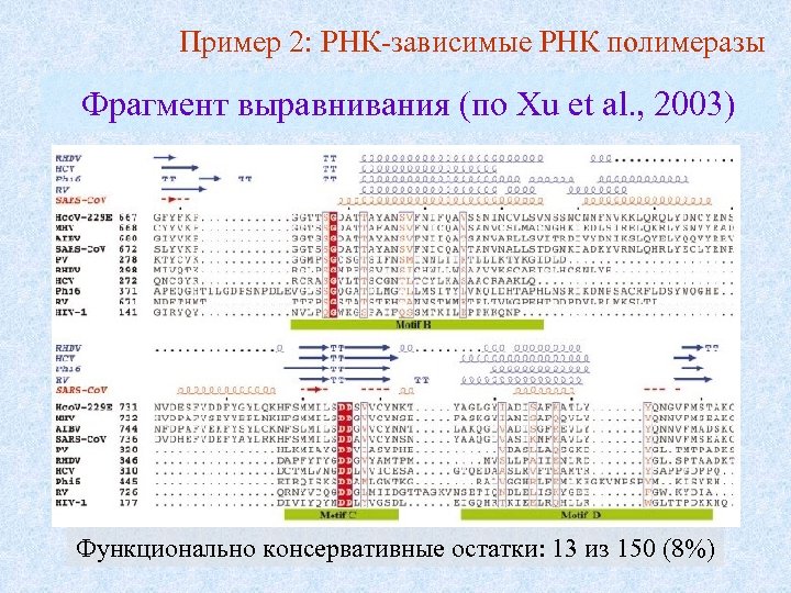 Пример 2: РНК-зависимые РНК полимеразы Фрагмент выравнивания (по Xu et al. , 2003) Функционально