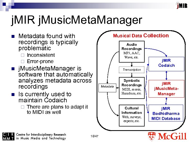 j. MIR j. Music. Meta. Manager n Metadata found with recordings is typically problematic