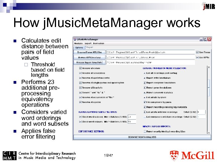 How j. Music. Meta. Manager works n Calculates edit distance between pairs of field