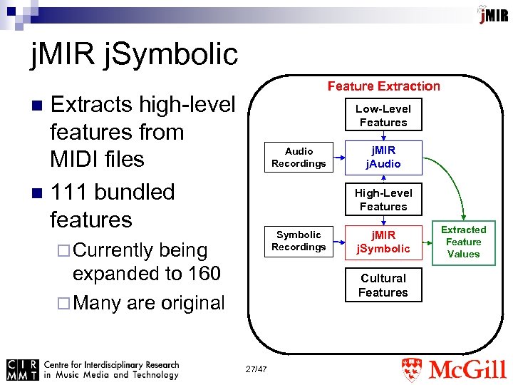 j. MIR j. Symbolic Feature Extraction Extracts high-level features from MIDI files n 111