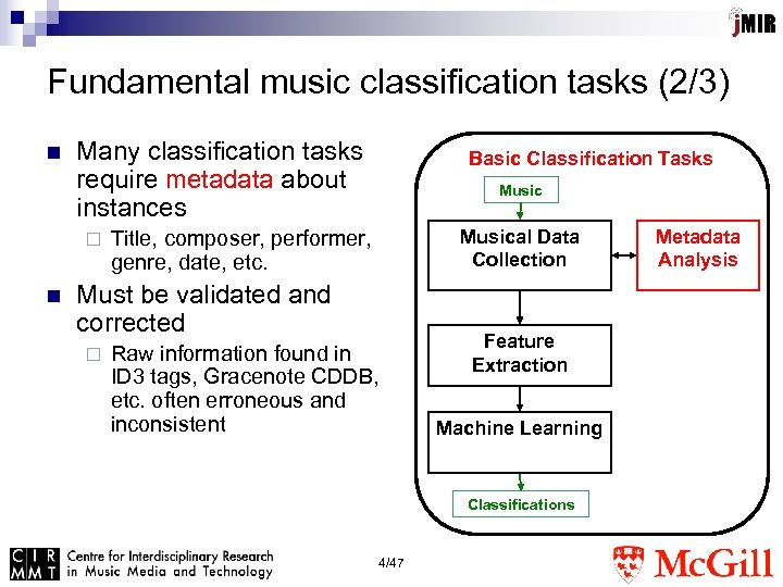 Fundamental music classification tasks (2/3) n Many classification tasks require metadata about instances ¨