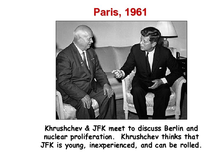 Paris, 1961 Khrushchev & JFK meet to discuss Berlin and nuclear proliferation. Khrushchev thinks