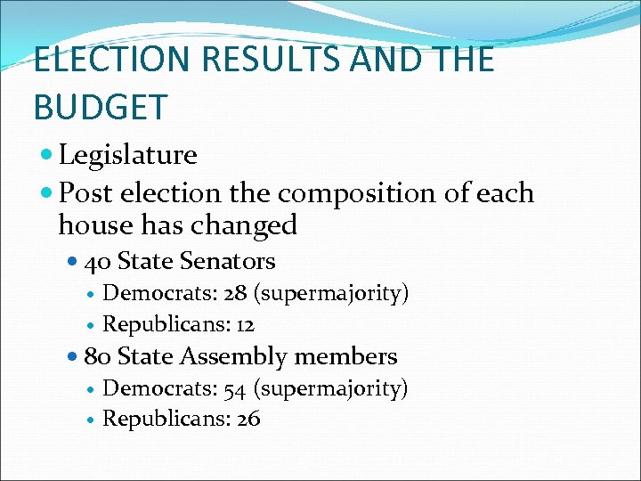 ELECTION RESULTS AND THE BUDGET Legislature Post election the composition of each house has