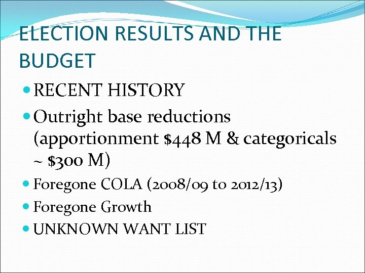 ELECTION RESULTS AND THE BUDGET RECENT HISTORY Outright base reductions (apportionment $448 M &