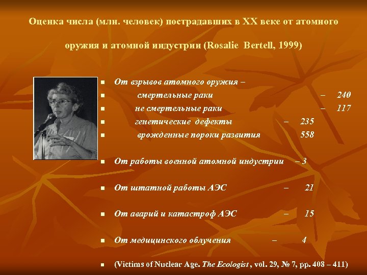 Оценка числа (млн. человек) пострадавших в ХХ веке от атомного оружия и атомной индустрии