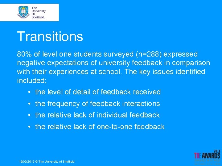 Transitions 80% of level one students surveyed (n=288) expressed negative expectations of university feedback