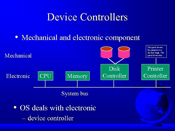 Device Controllers • Mechanical and electronic component The quick brown fox jumped over the