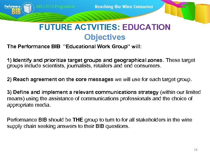 FUTURE ACTVITIES: EDUCATION Objectives The Performance BIB “Educational Work Group” will: 1) Identify and