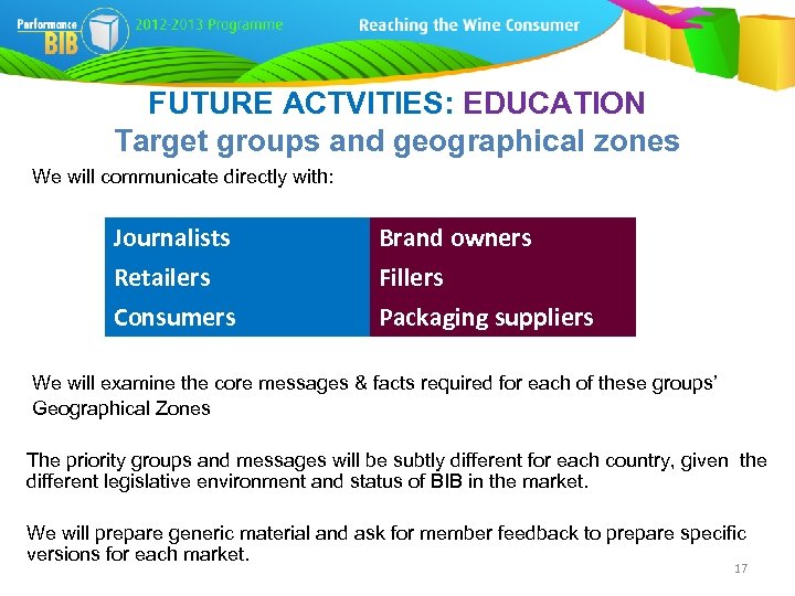 FUTURE ACTVITIES: EDUCATION Target groups and geographical zones We will communicate directly with: Journalists