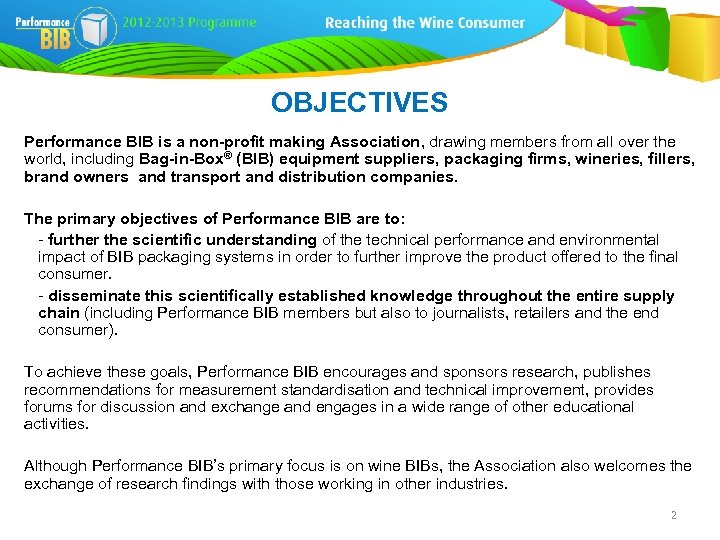 OBJECTIVES Performance BIB is a non-profit making Association, drawing members from all over the
