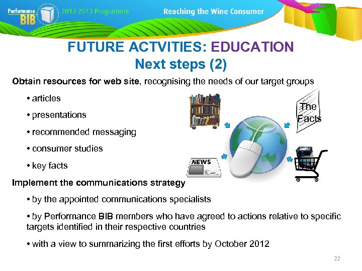 FUTURE ACTVITIES: EDUCATION Next steps (2) Obtain resources for web site, recognising the needs
