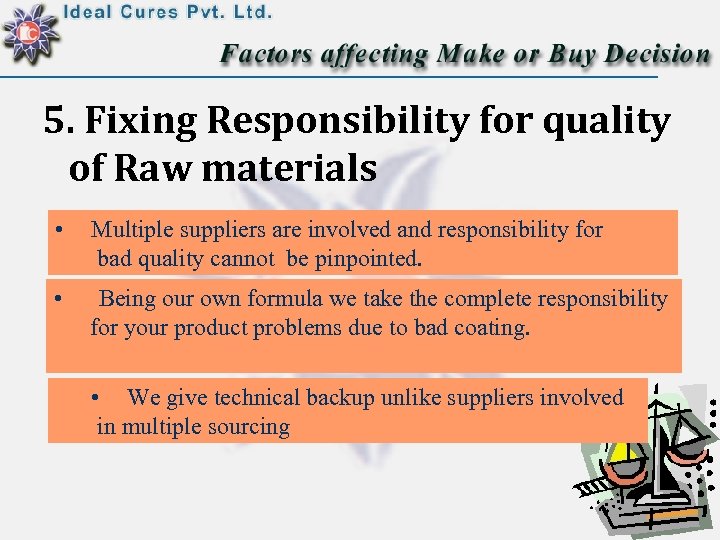 5. Fixing Responsibility for quality of Raw materials • Multiple suppliers are involved and