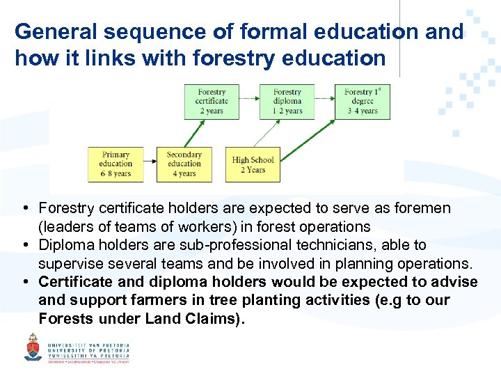 General sequence of formal education and how it links with forestry education • Forestry