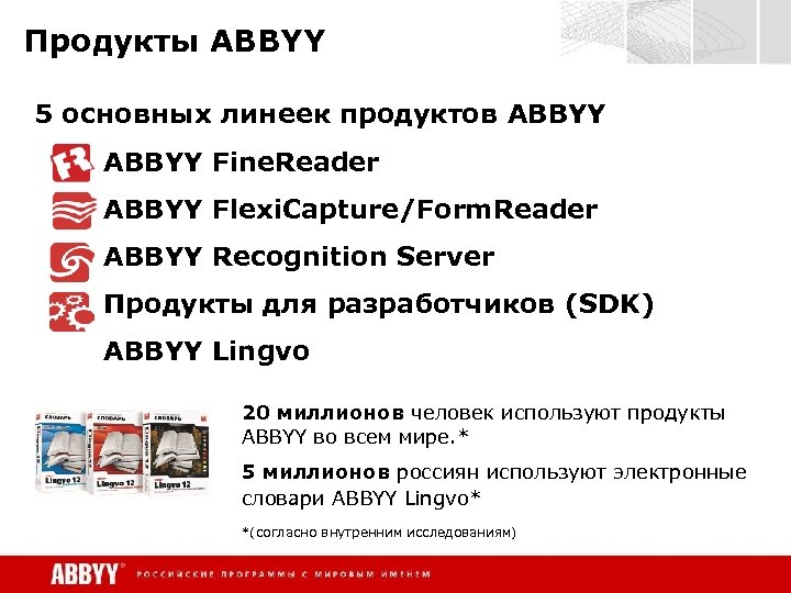Продукты ABBYY 5 основных линеек продуктов ABBYY Fine. Reader ABBYY Flexi. Capture/Form. Reader ABBYY