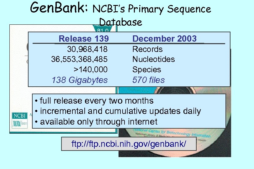 Gen. Bank: NCBI’s Primary Sequence Database Release 139 December 2003 30, 968, 418 36,