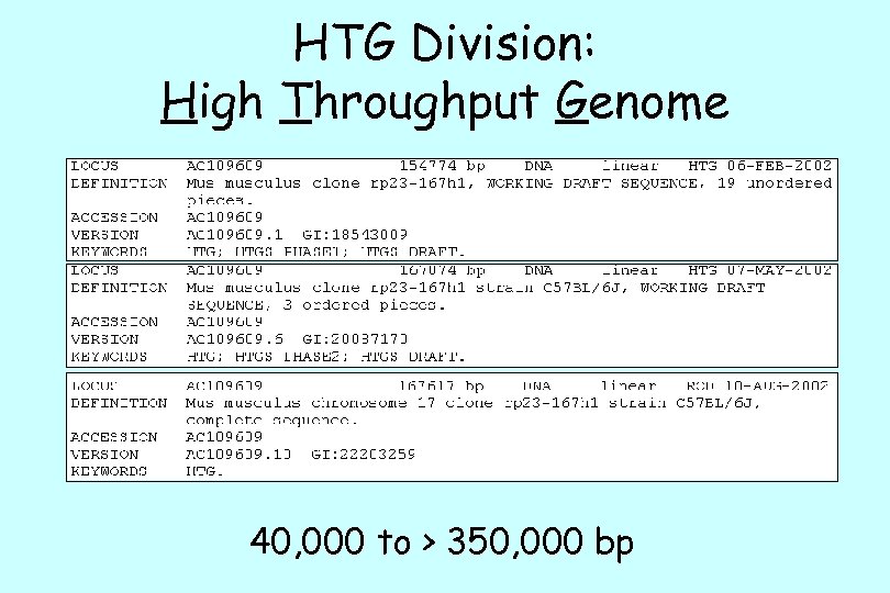 HTG Division: High Throughput Genome 40, 000 to > 350, 000 bp 