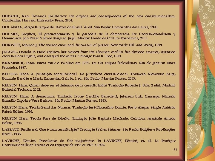 HIRSCHL, Ran. Towards Juristoracy: the origins and consequences of the new constitucionalism. Cambridge: Harvard
