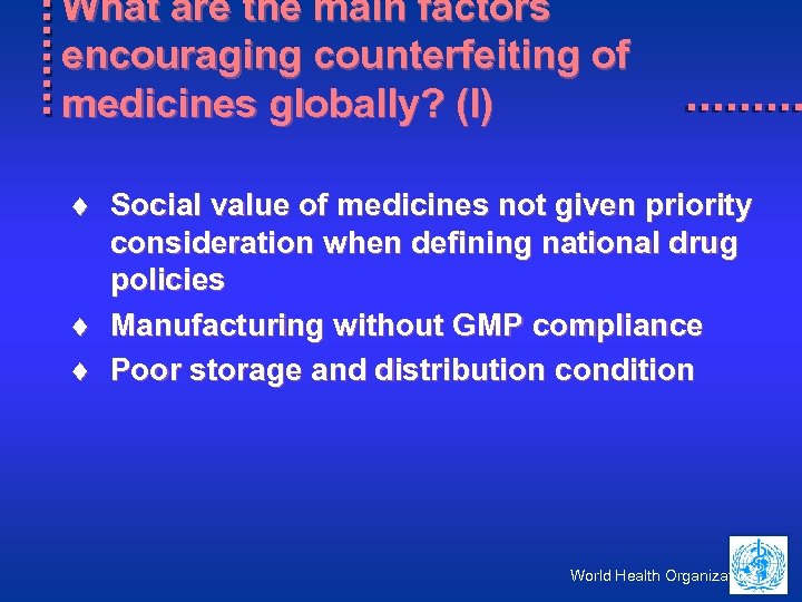 What are the main factors encouraging counterfeiting of medicines globally? (I) ¨ Social value