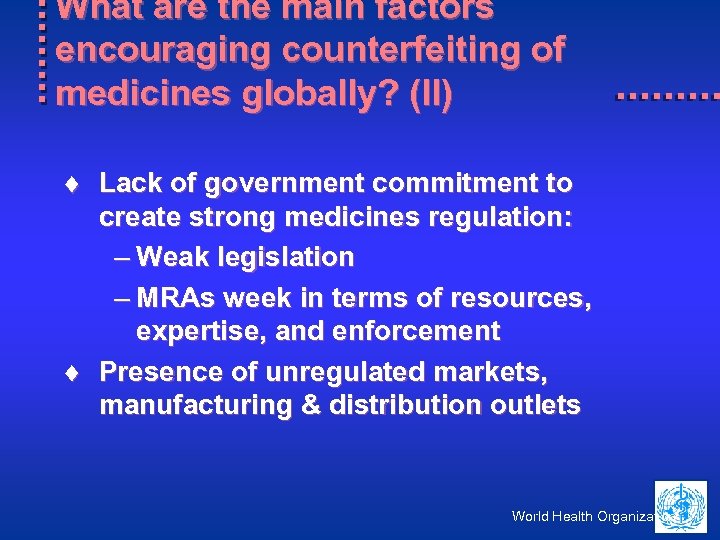 What are the main factors encouraging counterfeiting of medicines globally? (II) ¨ Lack of