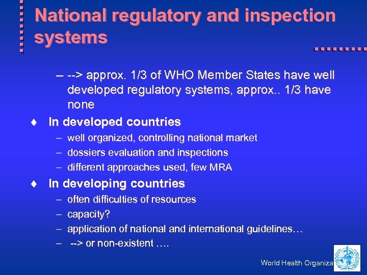 National regulatory and inspection systems – --> approx. 1/3 of WHO Member States have