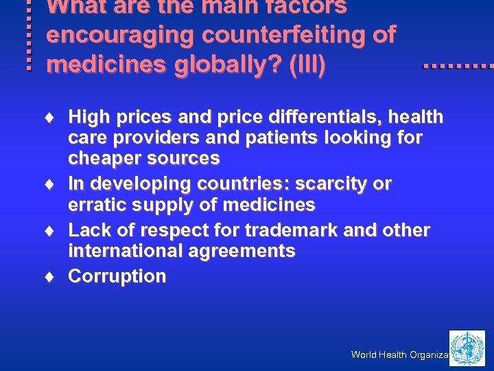 What are the main factors encouraging counterfeiting of medicines globally? (III) ¨ High prices