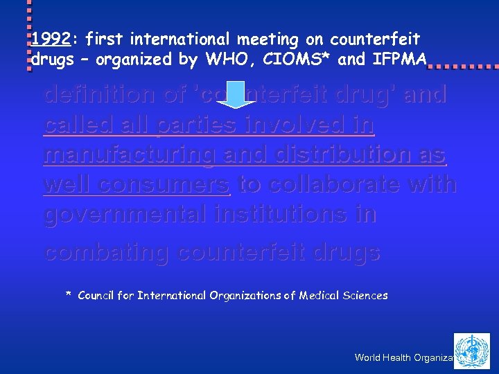1992: first international meeting on counterfeit drugs – organized by WHO, CIOMS* and IFPMA