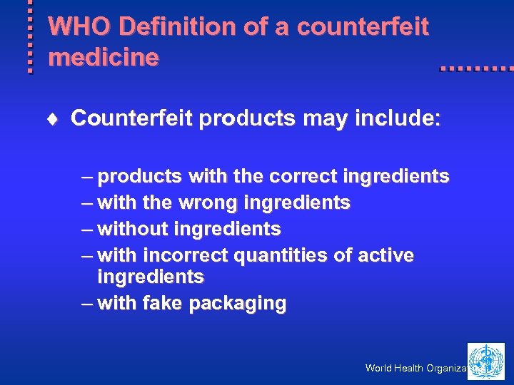 WHO Definition of a counterfeit medicine ¨ Counterfeit products may include: – products with