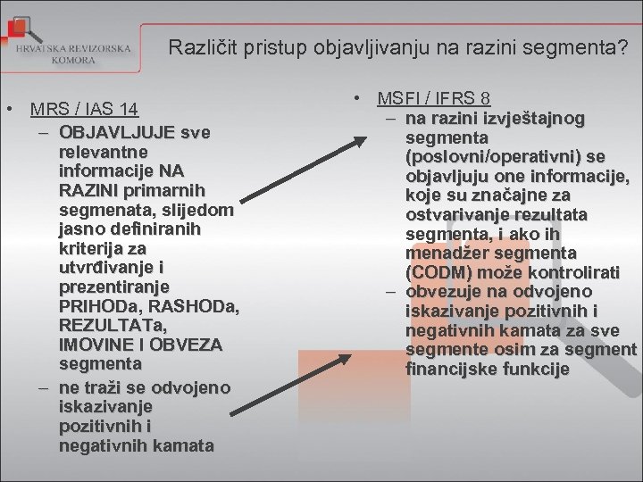 Različit pristup objavljivanju na razini segmenta? • MRS / IAS 14 – OBJAVLJUJE sve
