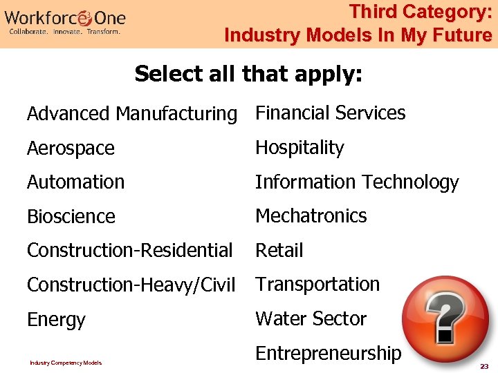 Third Category: Industry Models In My Future Select all that apply: Advanced Manufacturing Financial