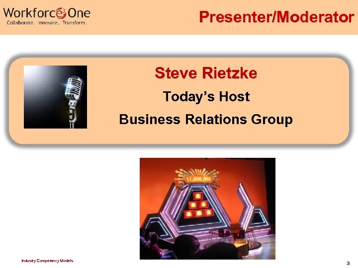 Presenter/Moderator Steve Rietzke Today’s Host Business Relations Group Industry Competency Models 3 