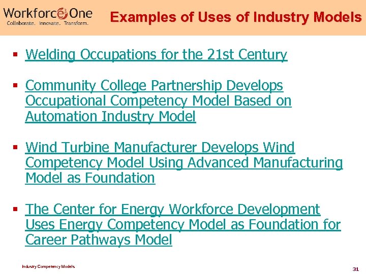 Examples of Uses of Industry Models § Welding Occupations for the 21 st Century