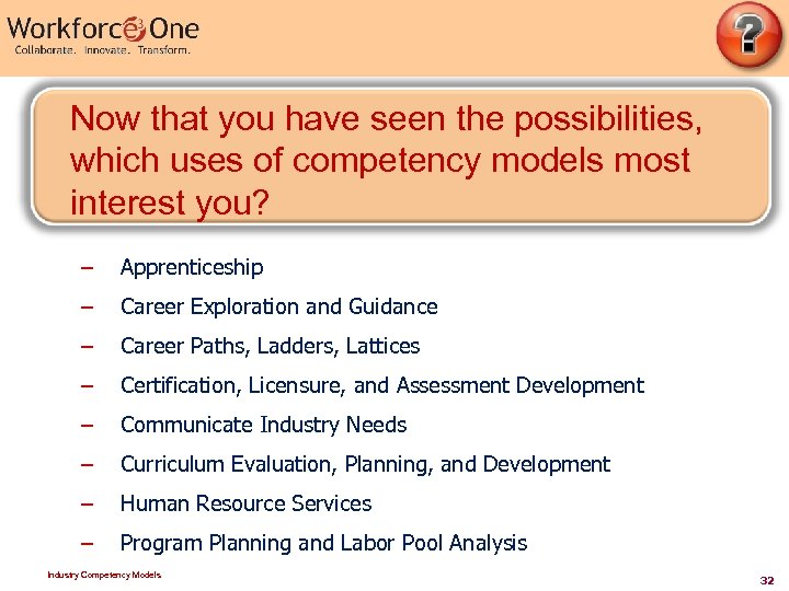 Now that you have seen the possibilities, which uses of competency models most interest