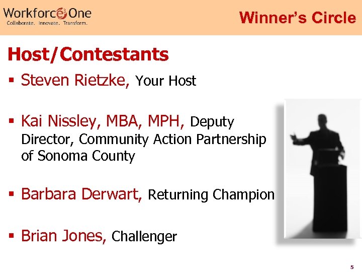 Winner’s Circle Host/Contestants § Steven Rietzke, Your Host § Kai Nissley, MBA, MPH, Deputy