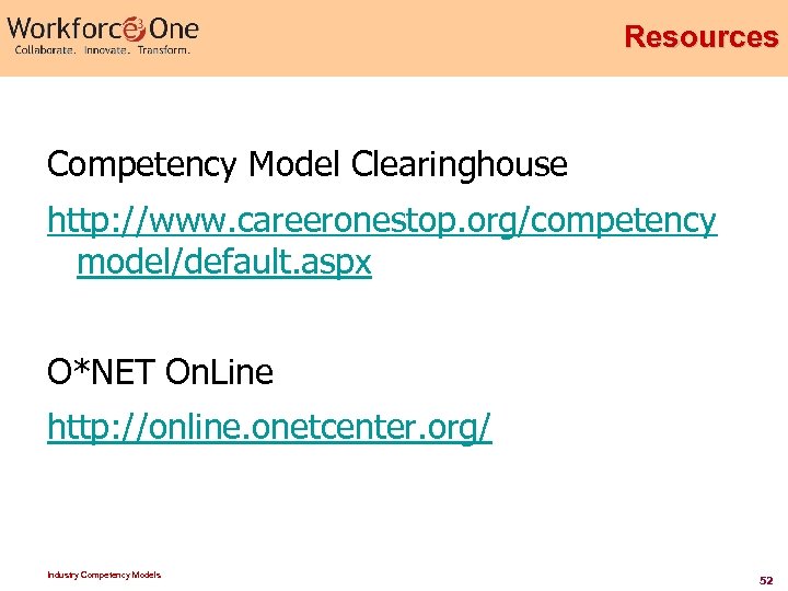 Resources Competency Model Clearinghouse http: //www. careeronestop. org/competency model/default. aspx O*NET On. Line http: