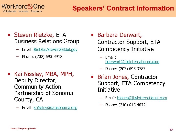 Speakers’ Contract Information § Steven Rietzke, ETA Business Relations Group – Email: Rietzke. Steven