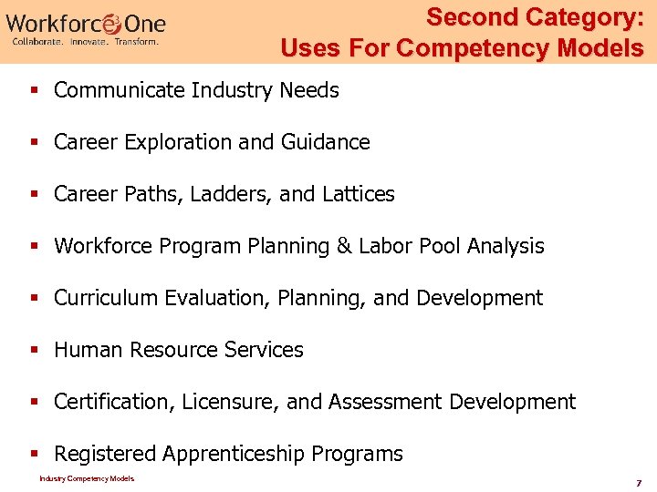 Second Category: Uses For Competency Models § Communicate Industry Needs § Career Exploration and