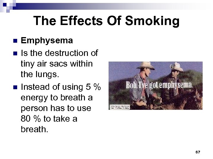 The Effects Of Smoking n n n Emphysema Is the destruction of tiny air