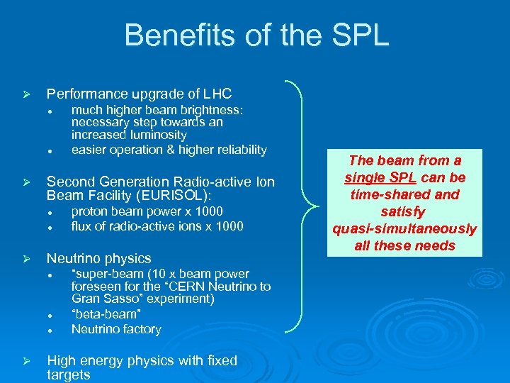 Benefits of the SPL Ø Performance upgrade of LHC l l Ø Second Generation