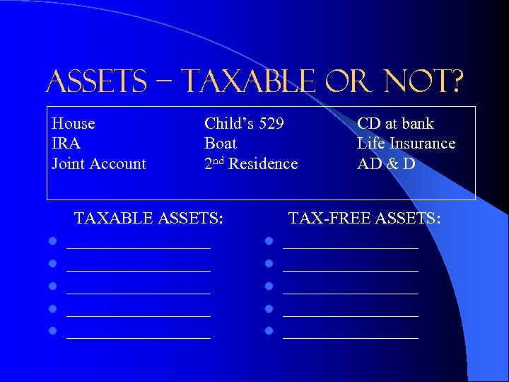 Assets – Taxable or Not? House IRA Joint Account l l l Child’s 529