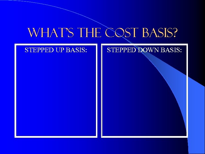 What’s the Cost Basis? STEPPED UP BASIS: STEPPED DOWN BASIS: 