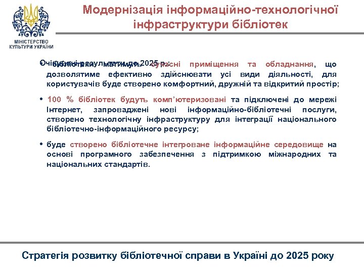 Модернізація інформаційно-технологічної інфраструктури бібліотек Очікувані результати до 2025 р. : • бібліотеки матимуть сучасні