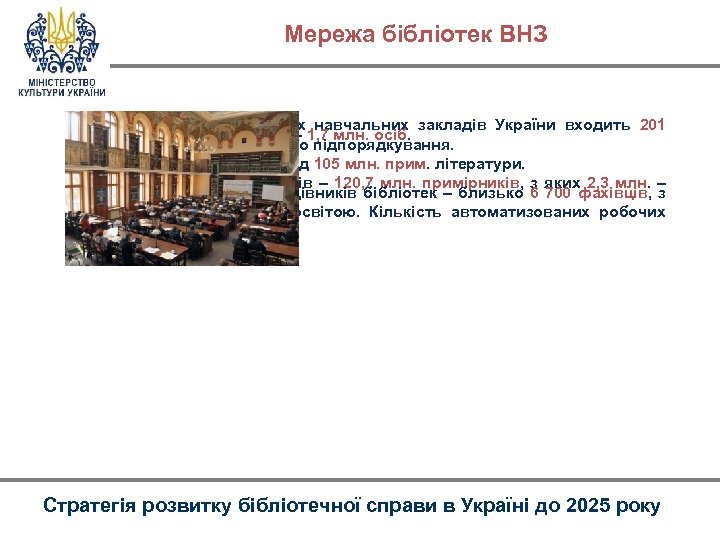 Мережа бібліотек ВНЗ До мережі бібліотек вищих навчальних закладів України входить 201 • Кількість