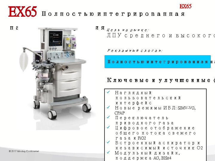 EX 65 Полностью интегрированная наркозная станция. Цель на рынке: ЛПУ среднего и высокого Рекламный