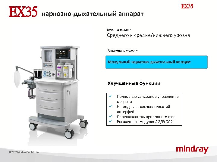 EX 35 наркозно-дыхательный аппарат EX 35 Цель на рынке: Среднего и средне/нижнего уровня Рекламный